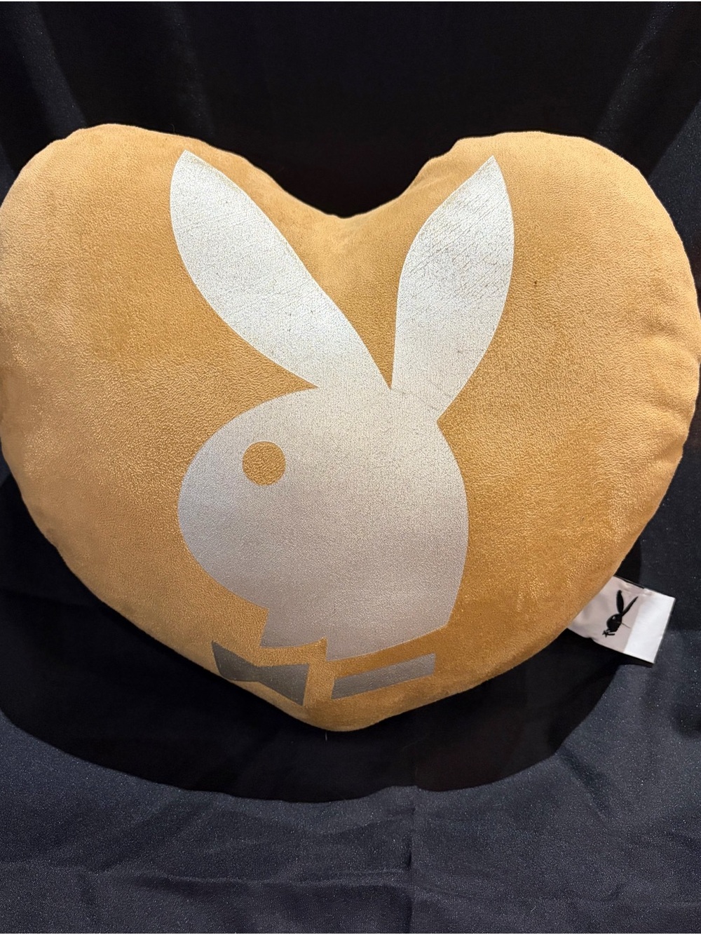 PLAYBOY Tan Suede Heart Bunny Logo Accent Pillow with Silver Graphic (2006)